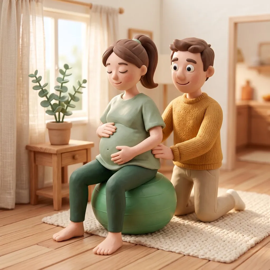 Une future maman sur un ballon, accompagnée par son partenaire