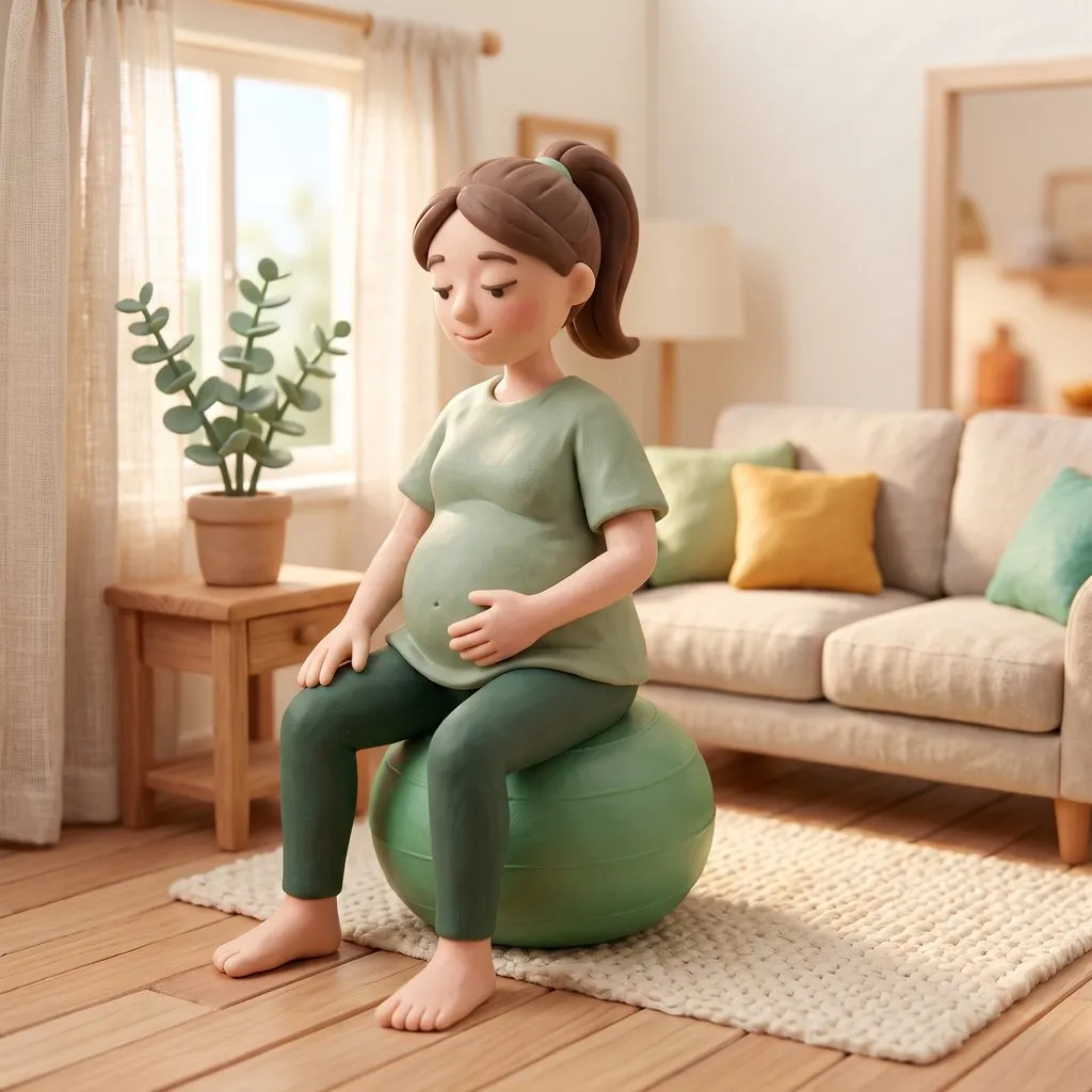 Une future maman assise sur un ballon dans son salon