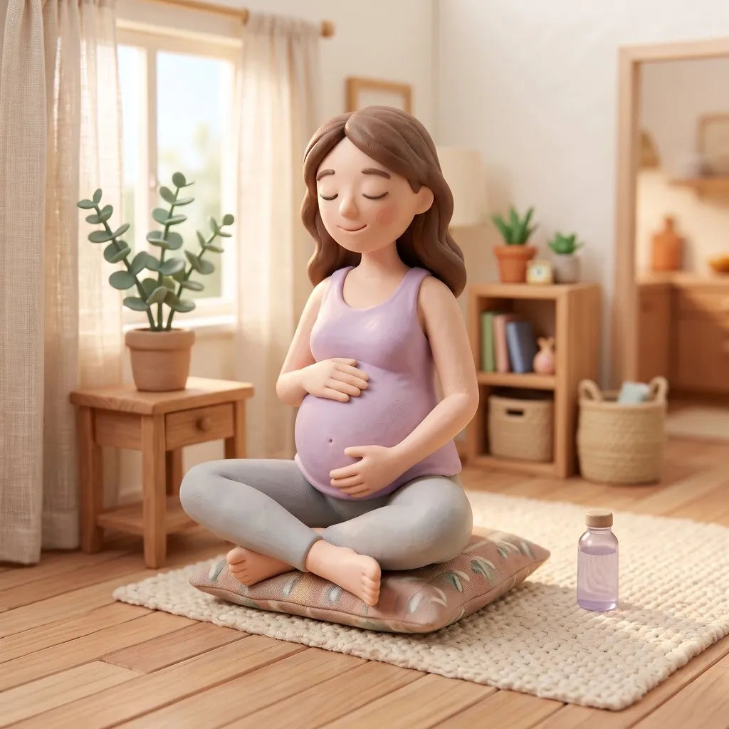 Une future maman assise en tailleur, les yeux fermés, qui respire calmement